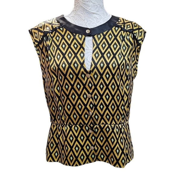 Vintage Milly Of New York Silk Diamond Print Sleeveless Peplum Top Size 8 Retro - Picture 1 of 15